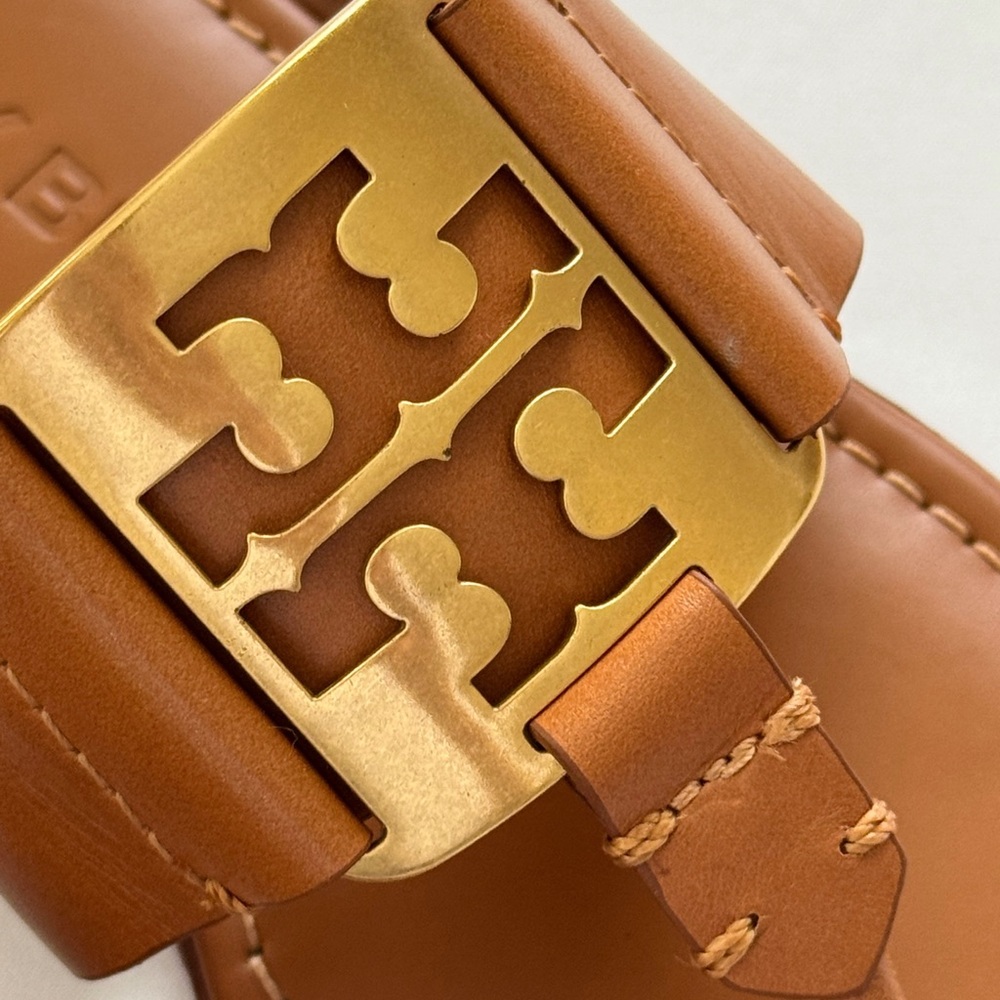 NWT Tory Burch Georgia Calf Leather Sandals, Aged Camello /Gold - Picture 7 of 16